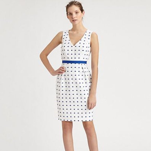 ⭐️Reposh⭐️ CARMEN MARC VALVO Size 4
White Blue Polka Dot Embroidered Dress - Picture 1 of 10